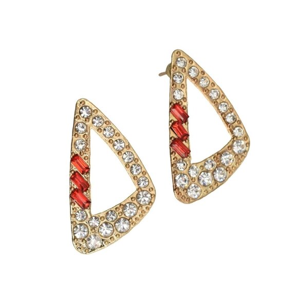 DBello Accessories Pierced Earrings Gold Tone CZ Red Rhinestone Triangular - Picture 1 of 4